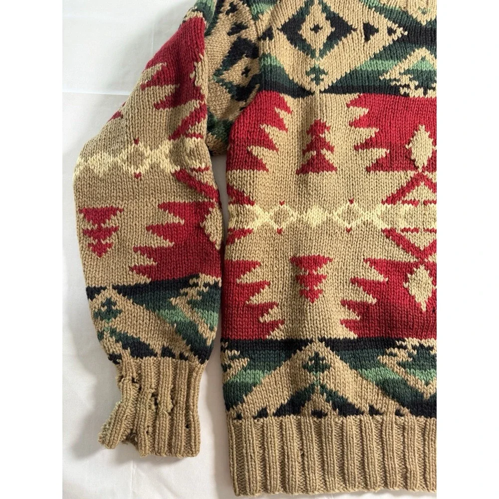90s Polo Ralph Lauren Hand Knit Southwestern Aztec Wool Sweater Mens L Tan